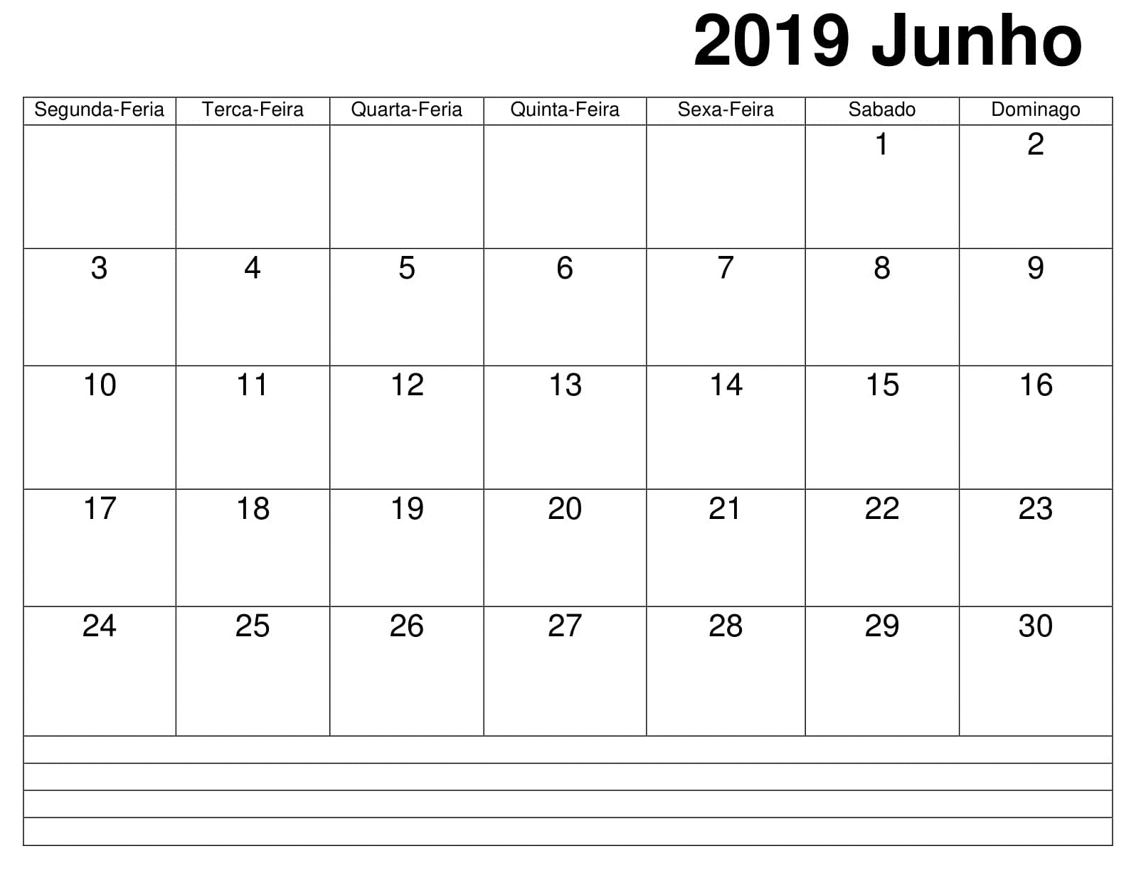 Junho Calendário Vertical 2019 Para Imprimir