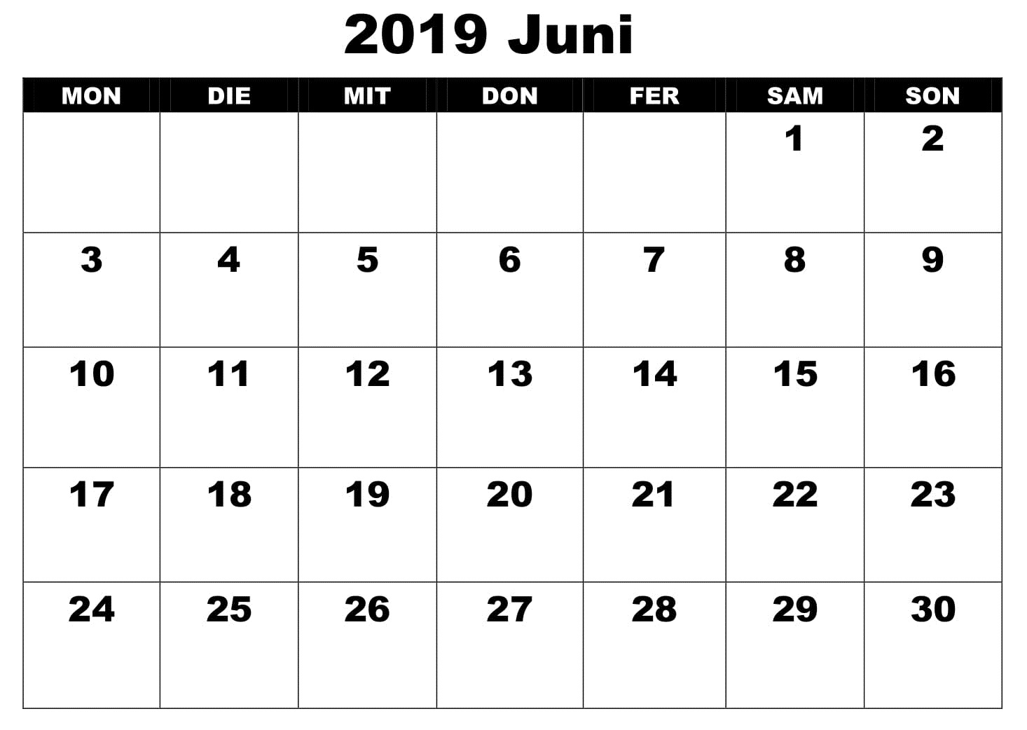 Juni Kalender 2019 Excel