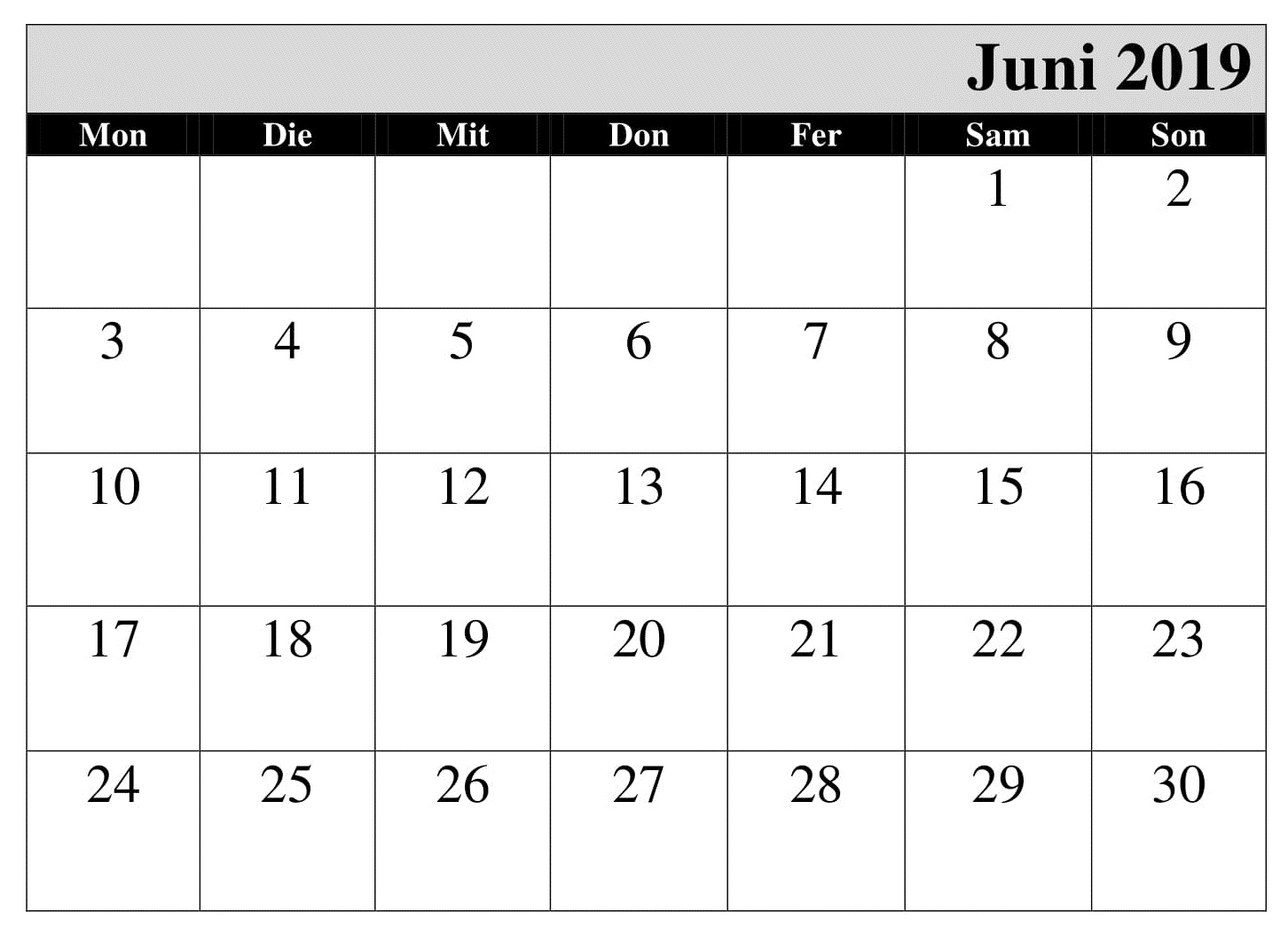 Juni Kalender Stile 2019