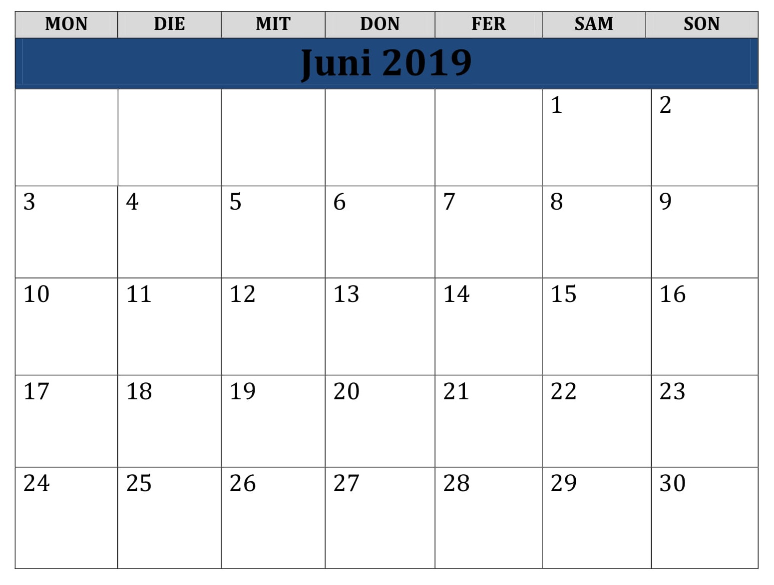 Kalender Juni 2019 Feiertage
