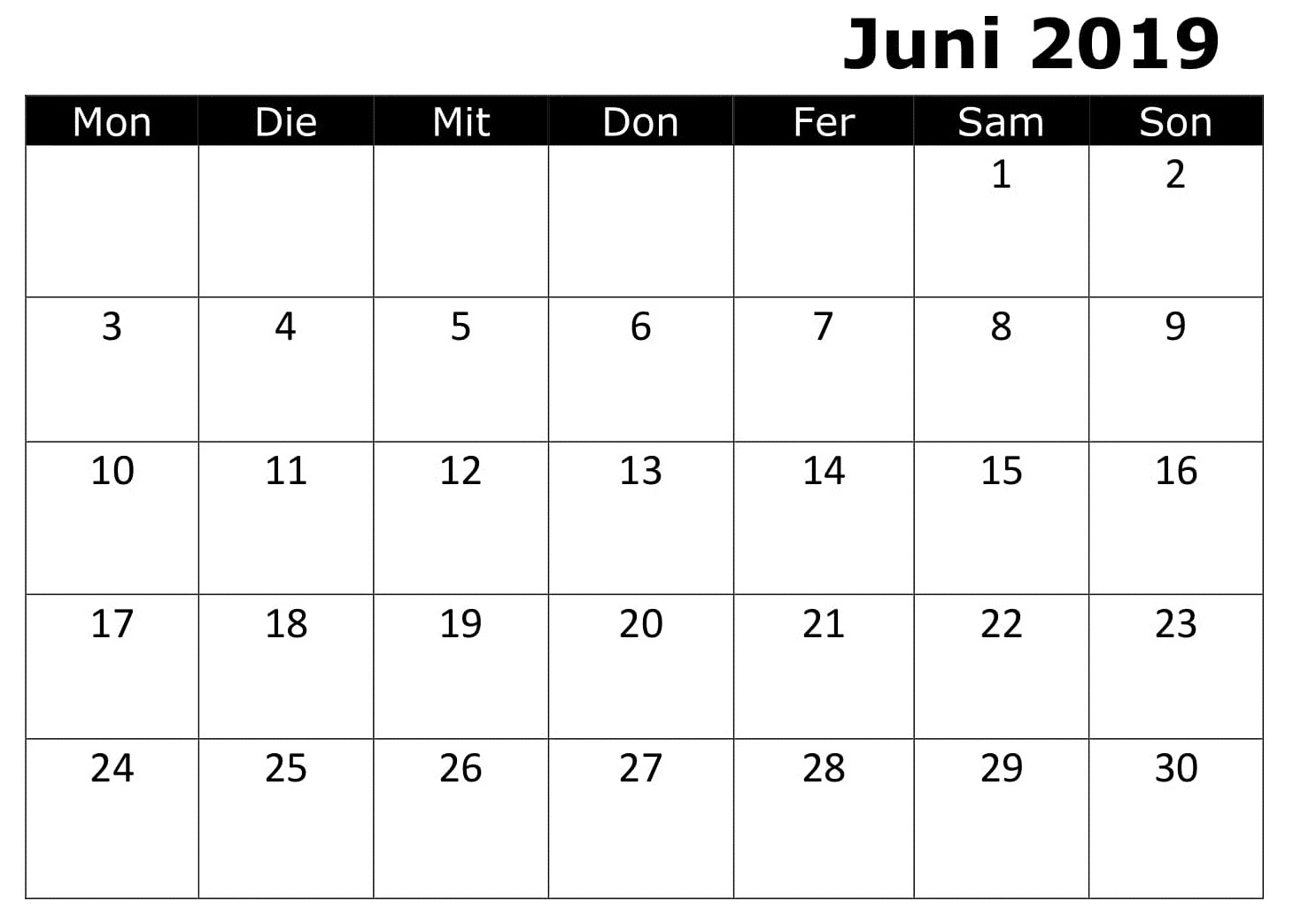 Kalender Juni Zum Ausdrucken 2019 PDF