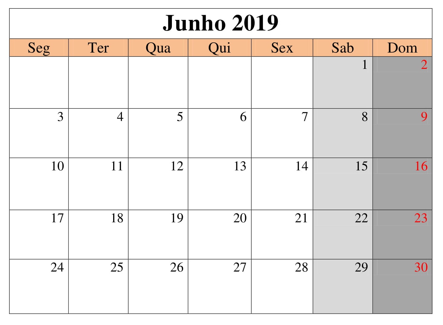 Livre Calendário Junho 2019
