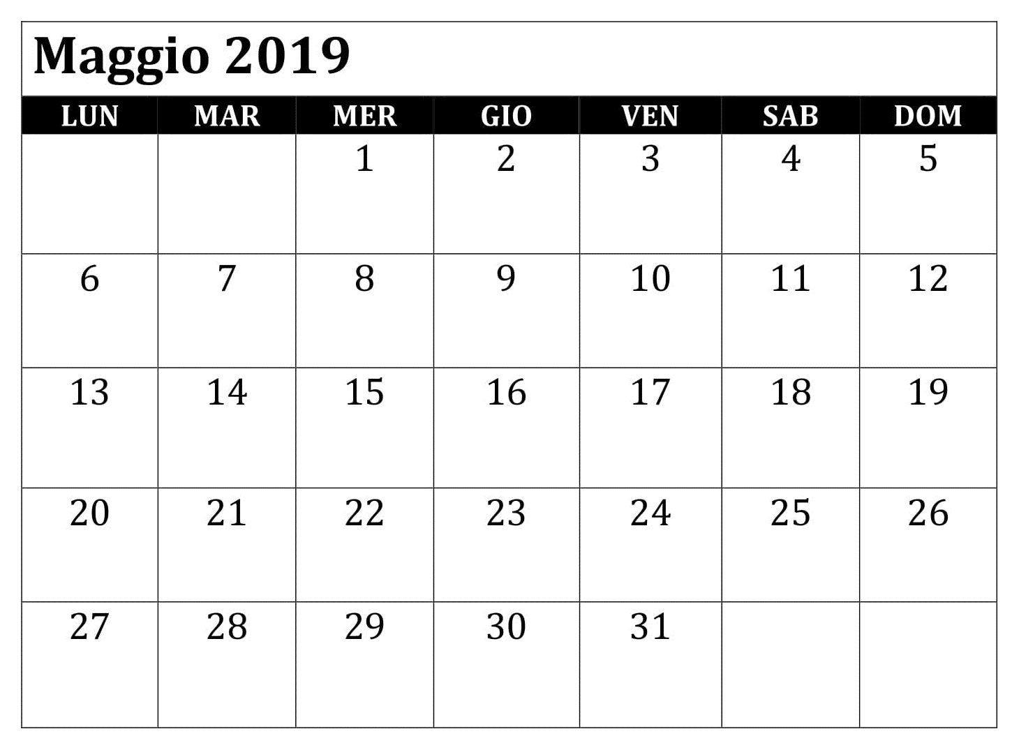 Maggio Calendario Modificabile 2019 PDF