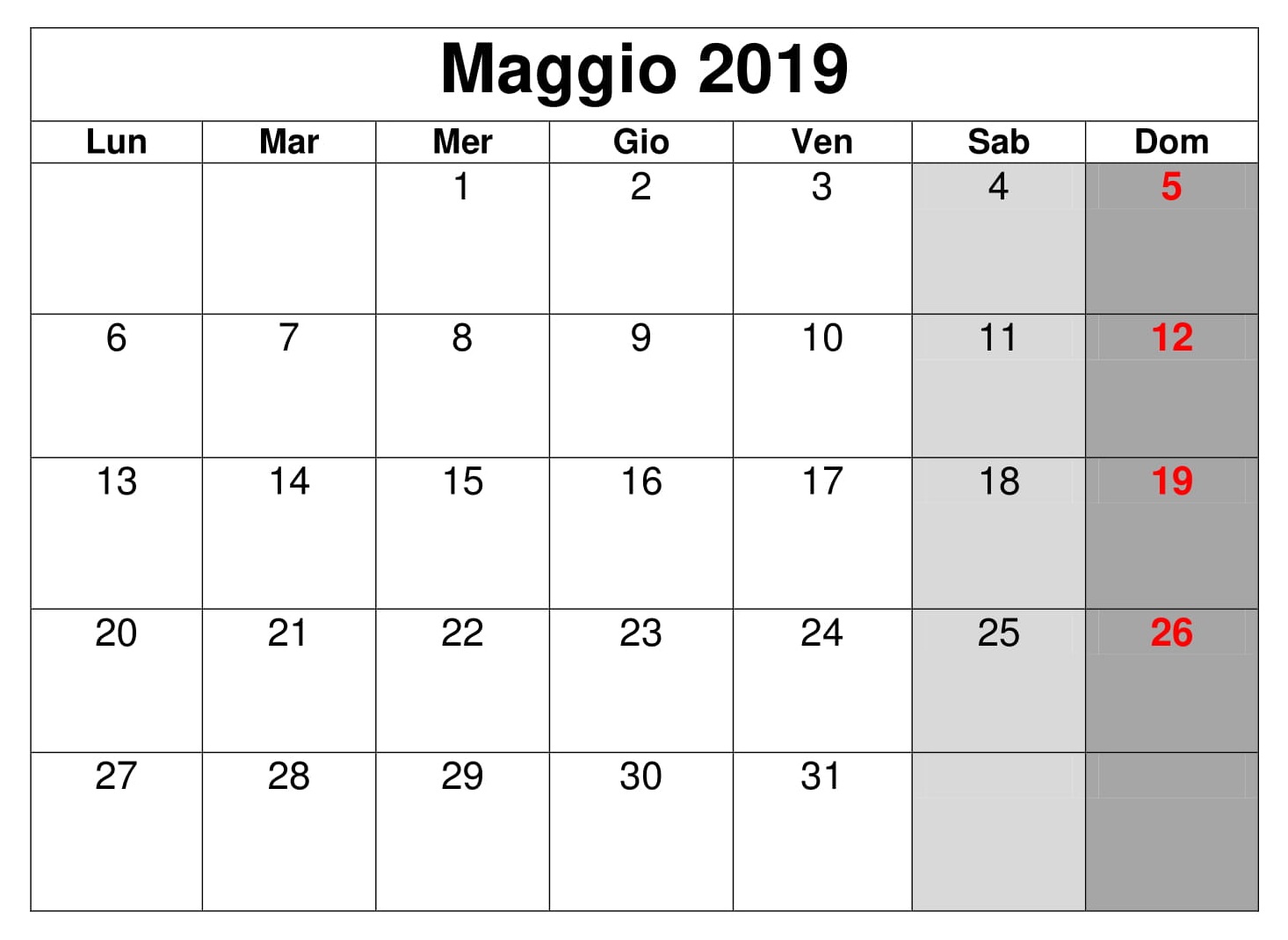 Maggio Titolo Calendario 2019