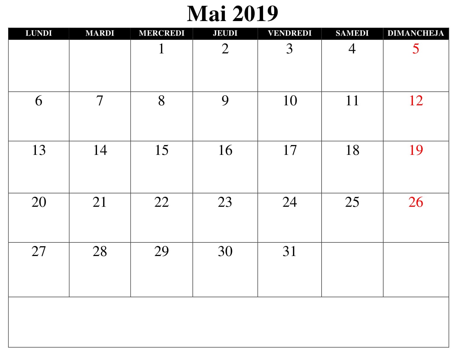 Mai Calendrier 2019 Excel