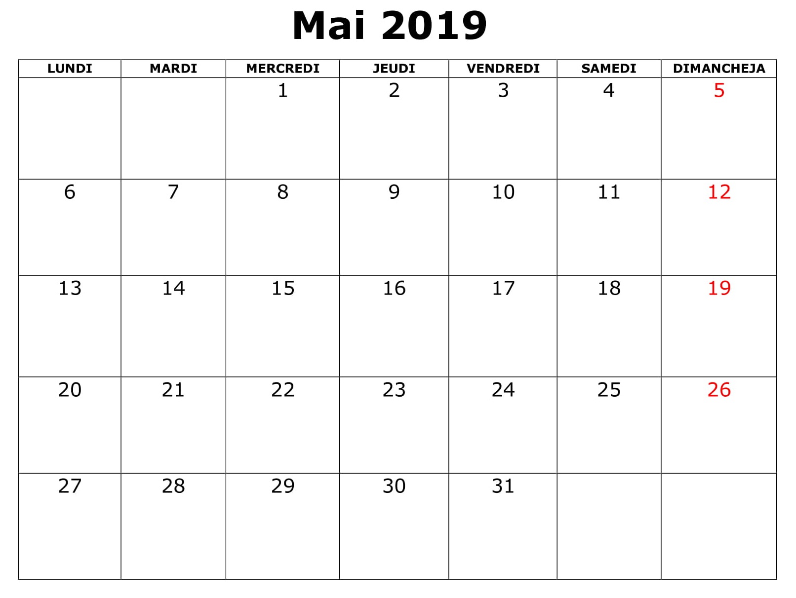 Mai Calendrier Mensuel 2019