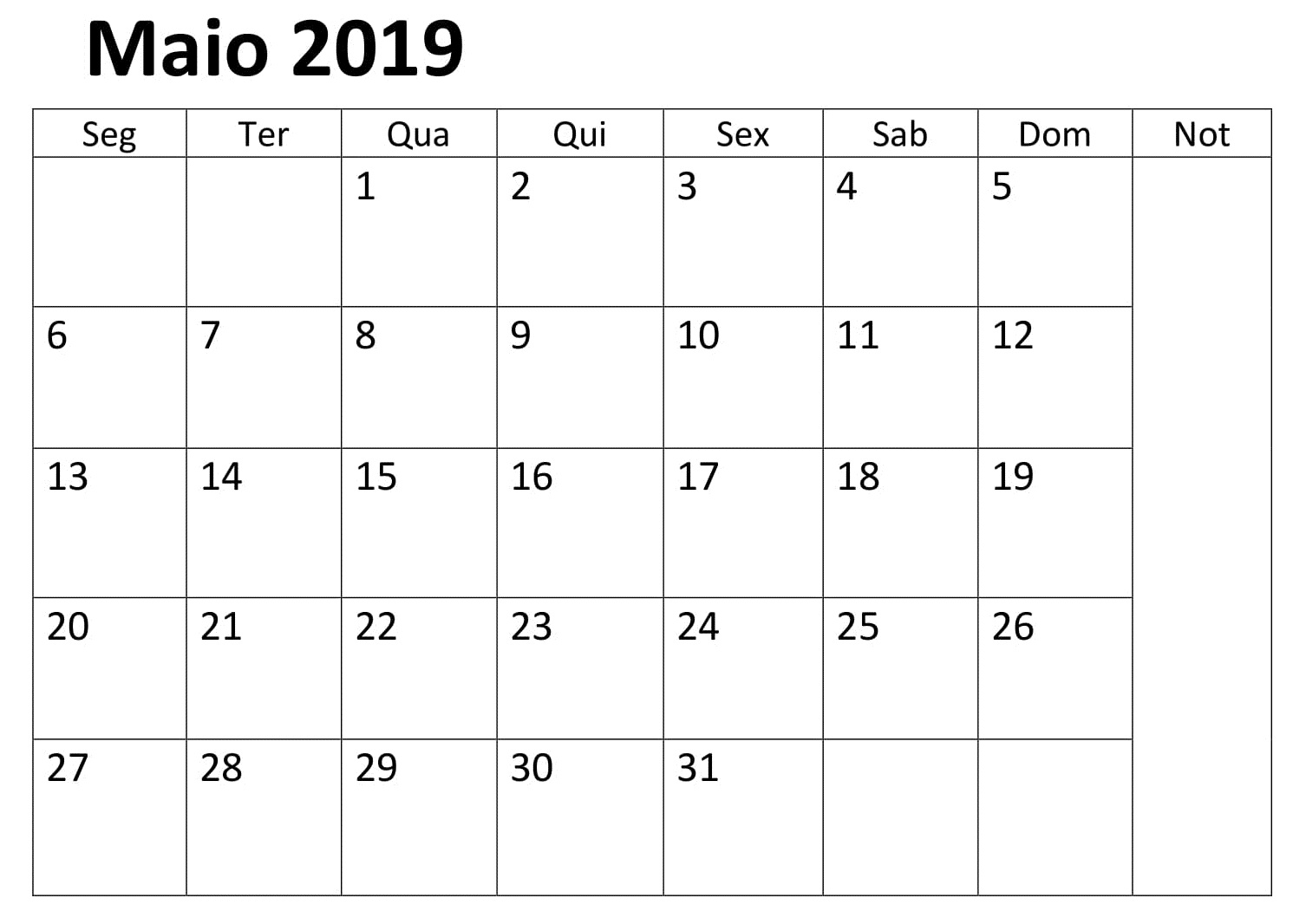 Maio Calendário Feriados 2019