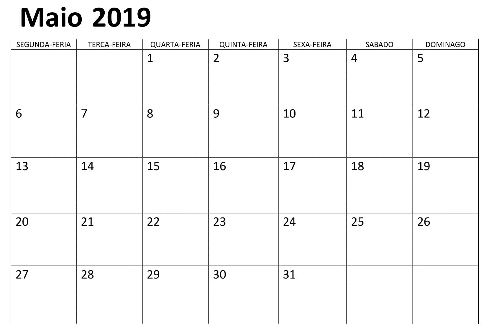Maio Calendário Vertical 2019
