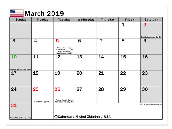 March 2019 Calendar Usa With Holidays