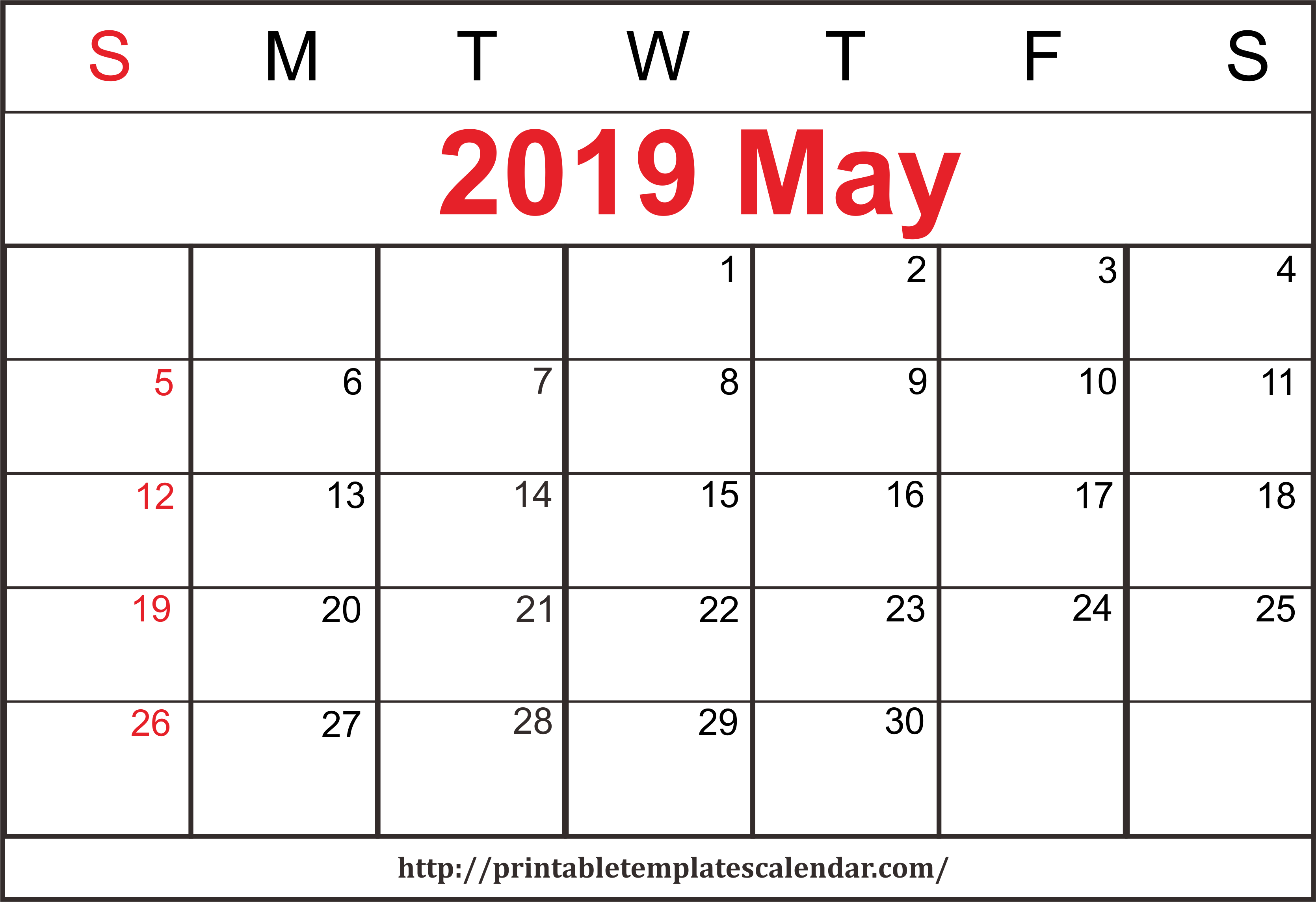 May 2019 Calendar Printable Template