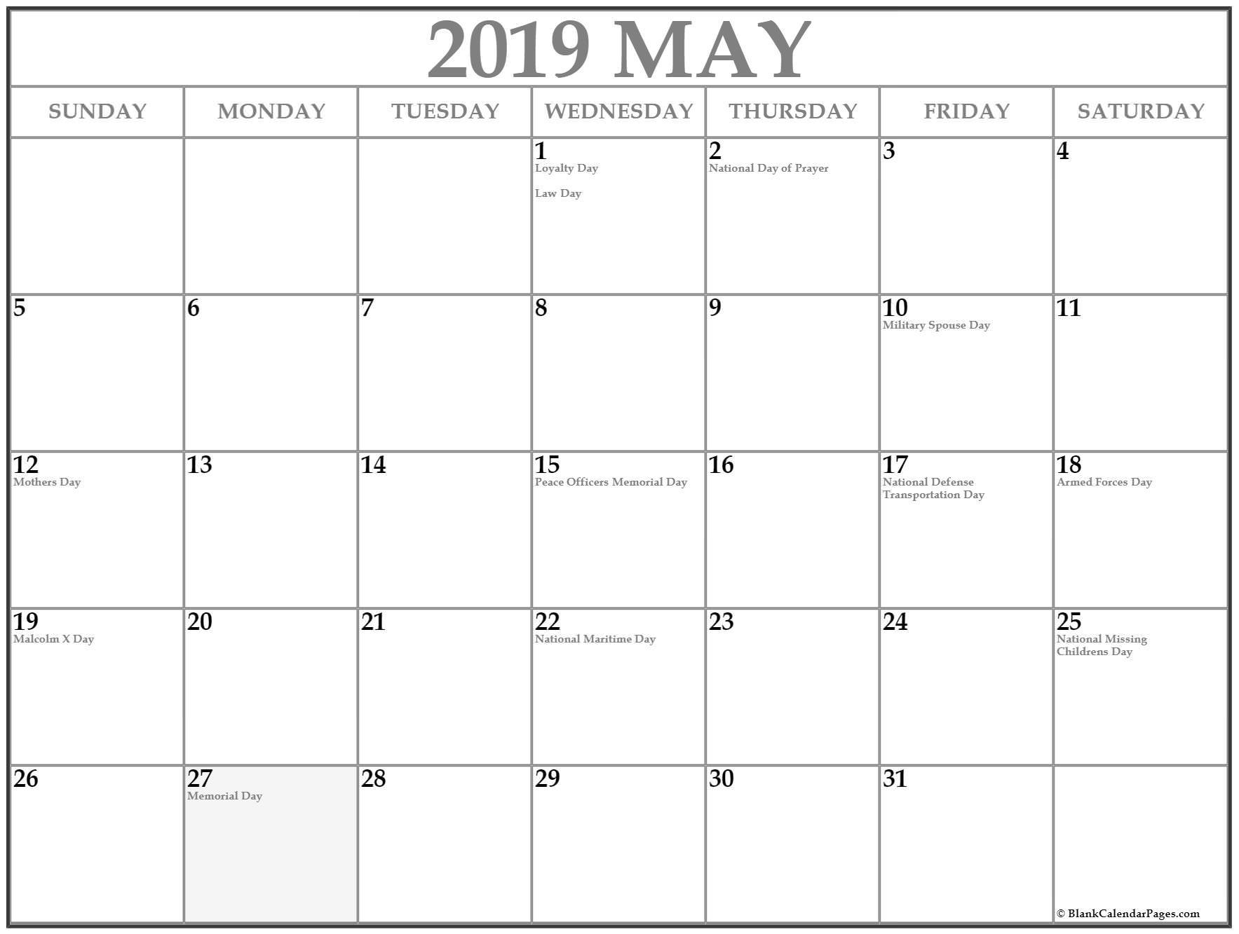 May 2019 Calendar Printable With Holidays