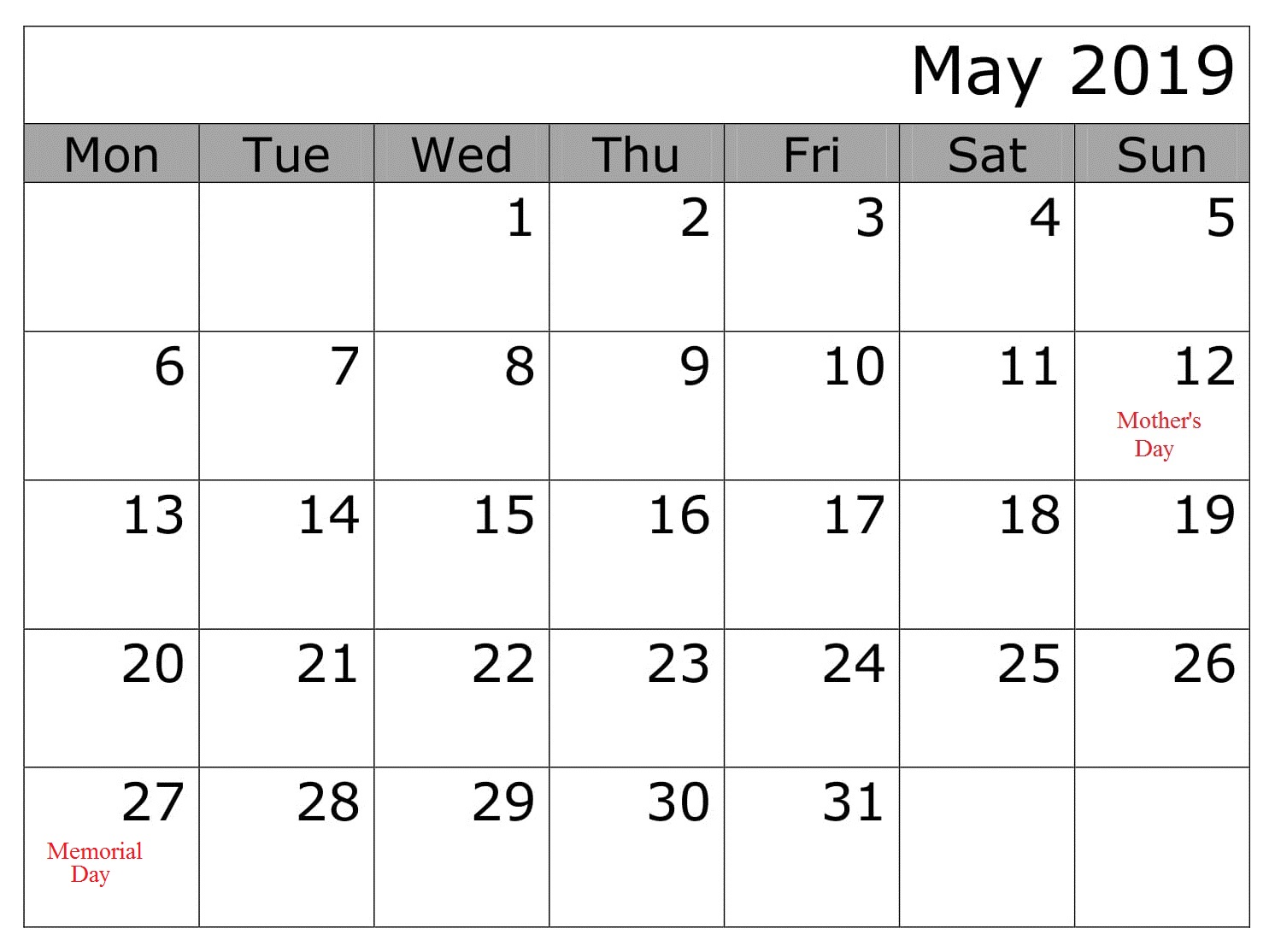 May 2019 Editable Calendar With Holidays