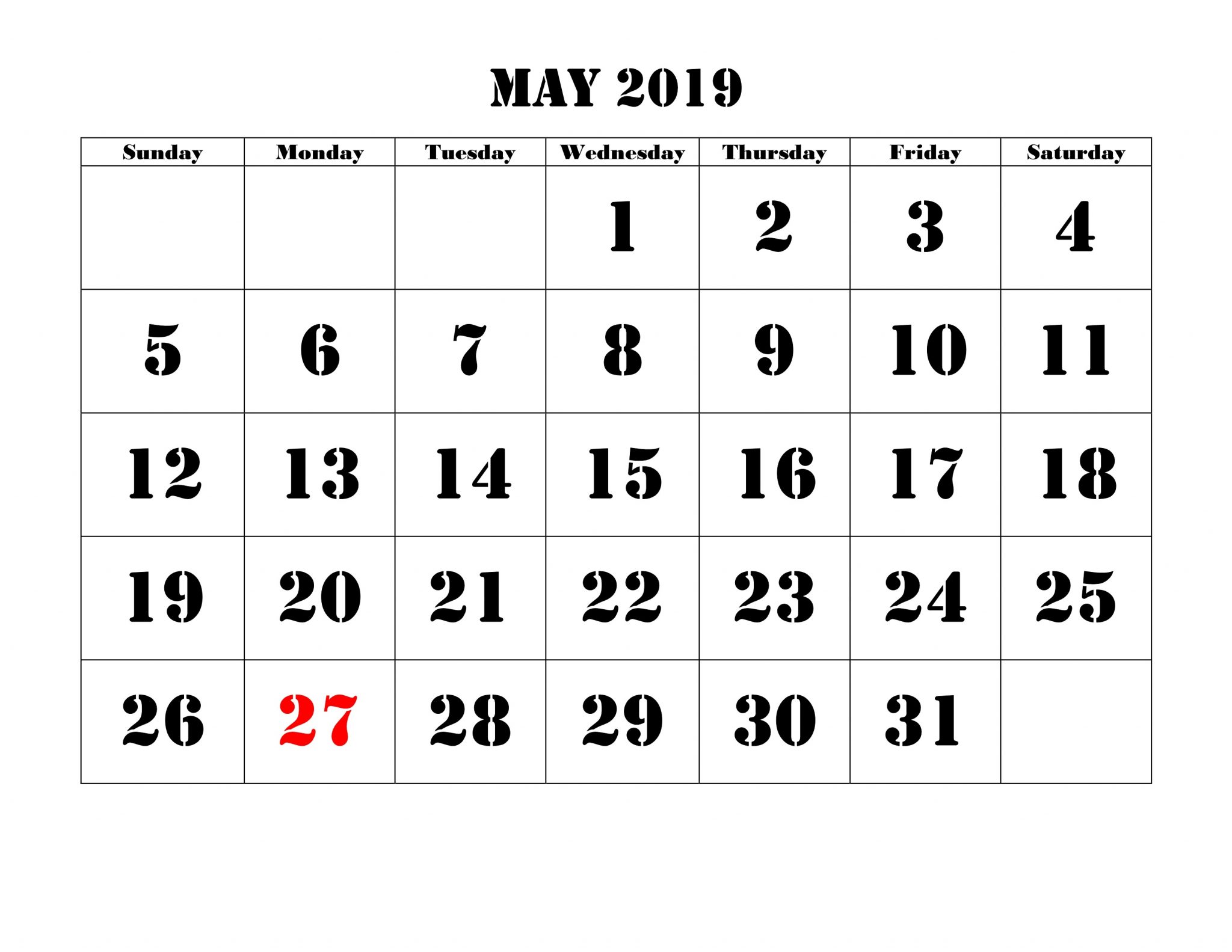 May 2019 Editable Calendar