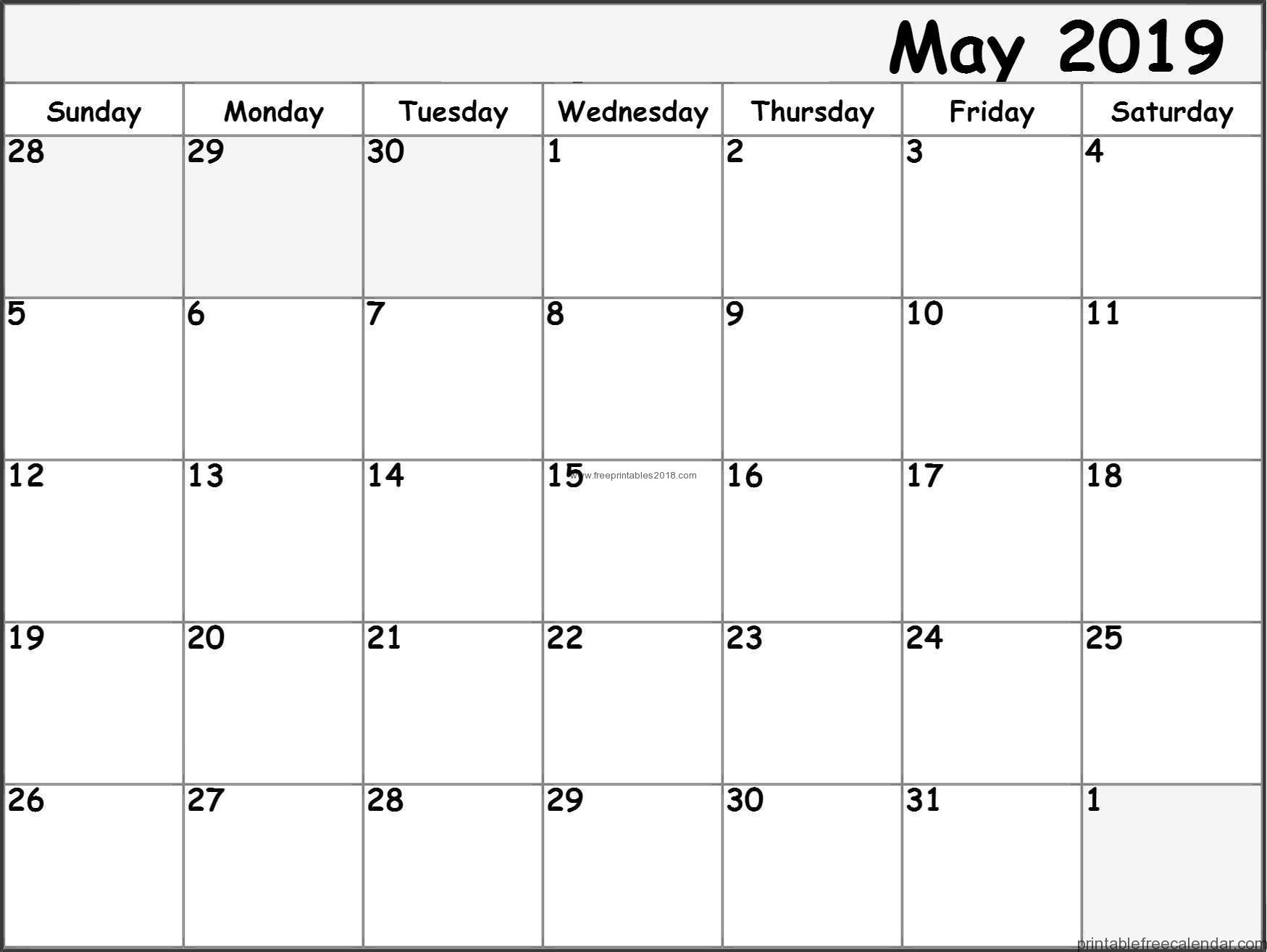 May Calendar 2019 Canada