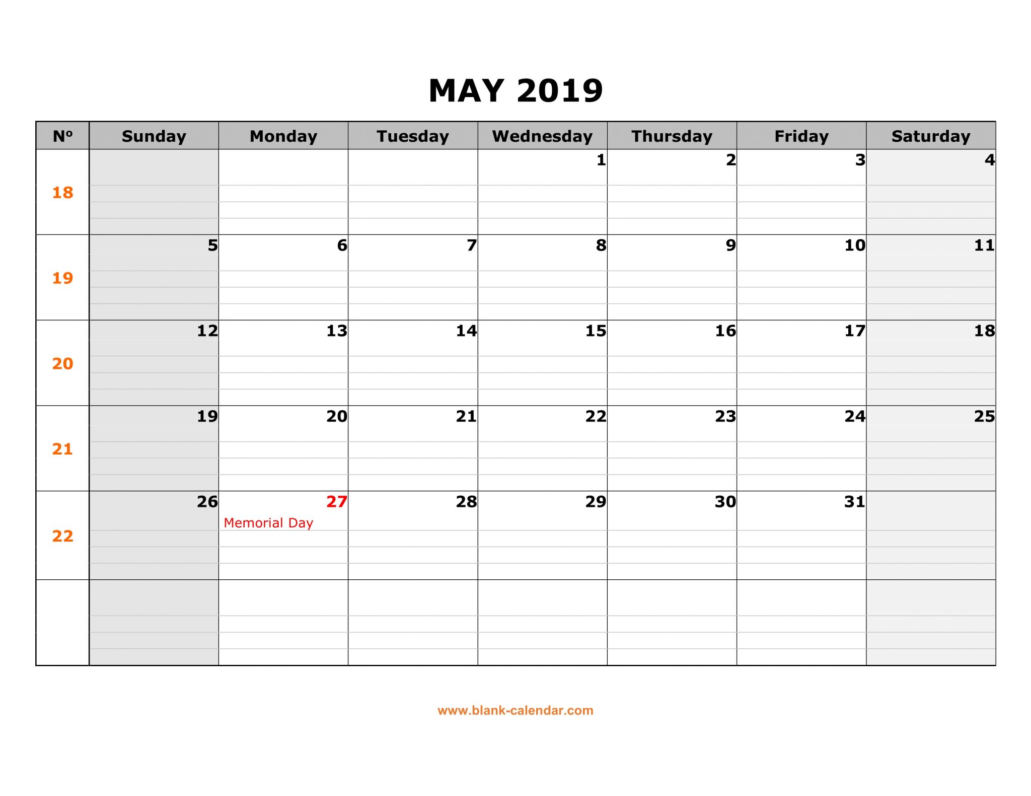 May Calendar 2019 With Holidays