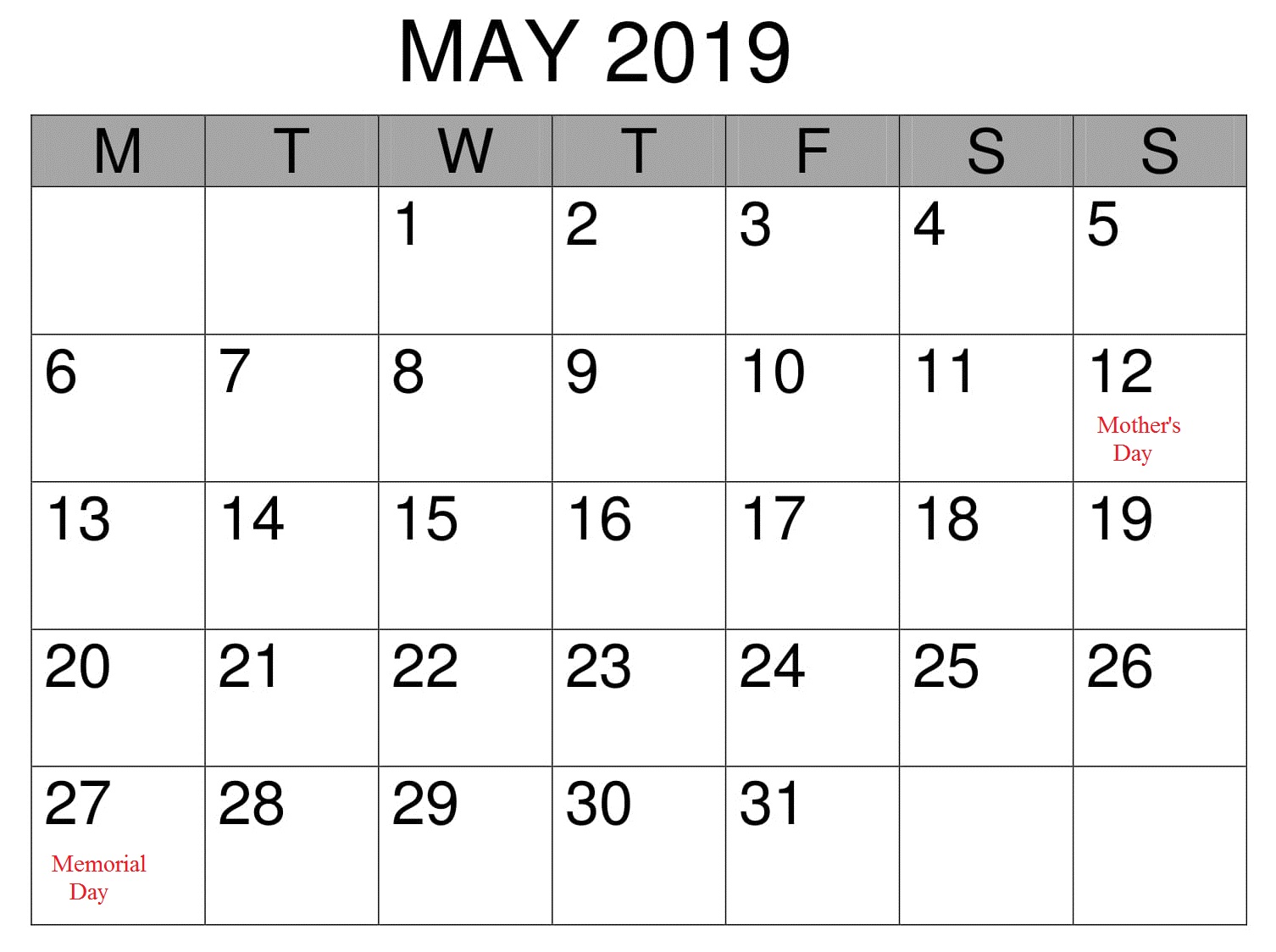 May 2019 Monthly Calendar With Holidays