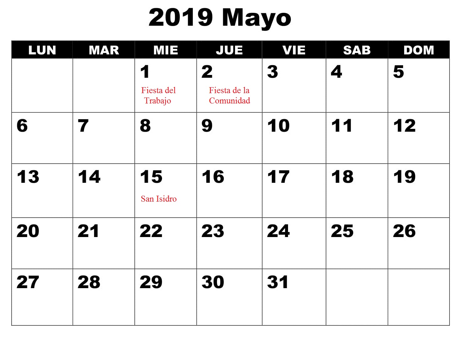 Mayo Calendario 2019 Con Festivos Excel