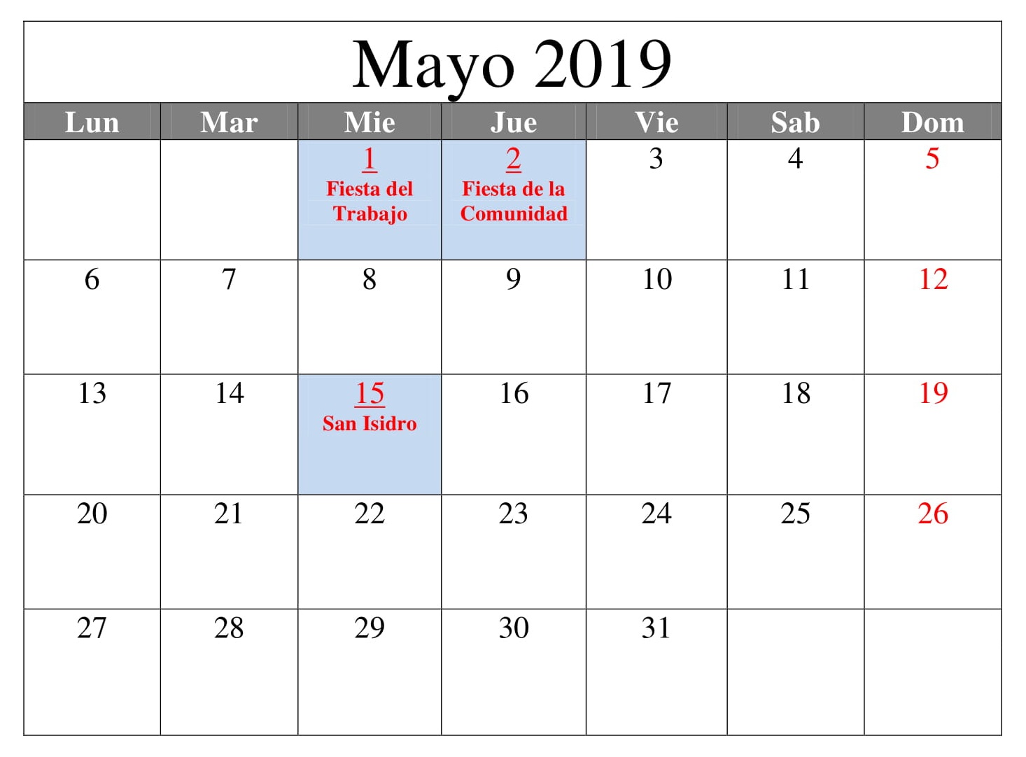 Mayo Calendario Formato 2019 Con Festivos