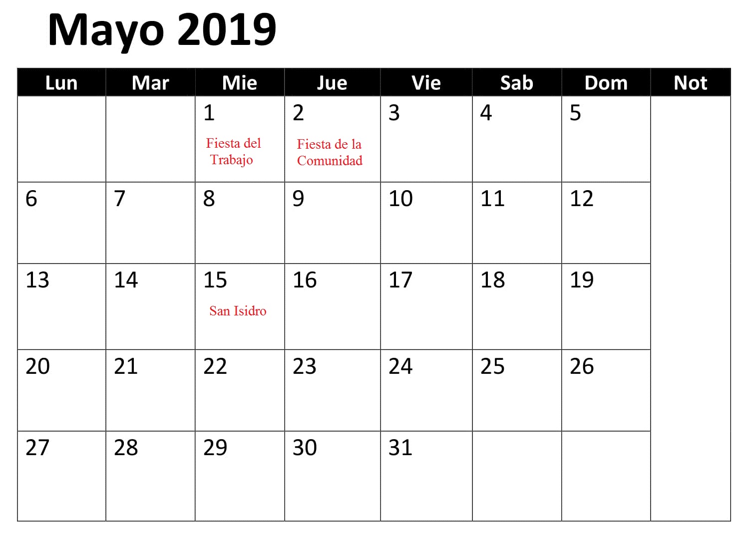 Mayo Calendario Mes 2019 Con Festivos