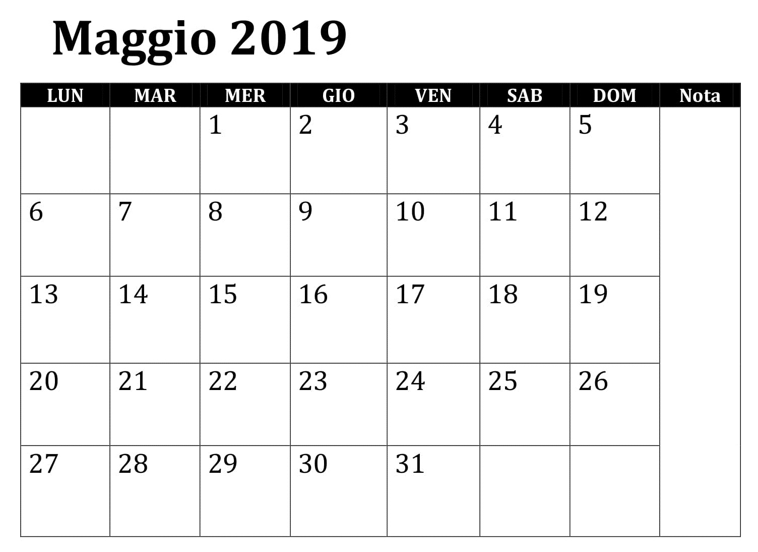 Mensile Maggio 2019 Calendario