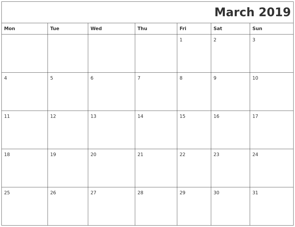 Monthly Calendar Template March 2019