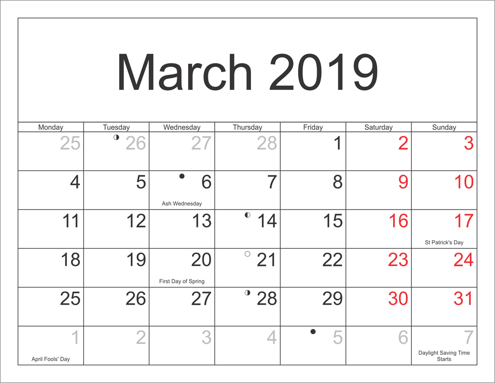 Moon Phases Calendar March 2019