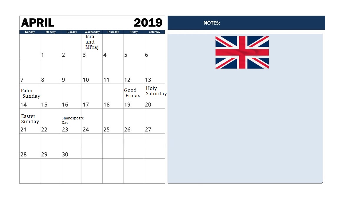 Printable April 2019 Calendar UK