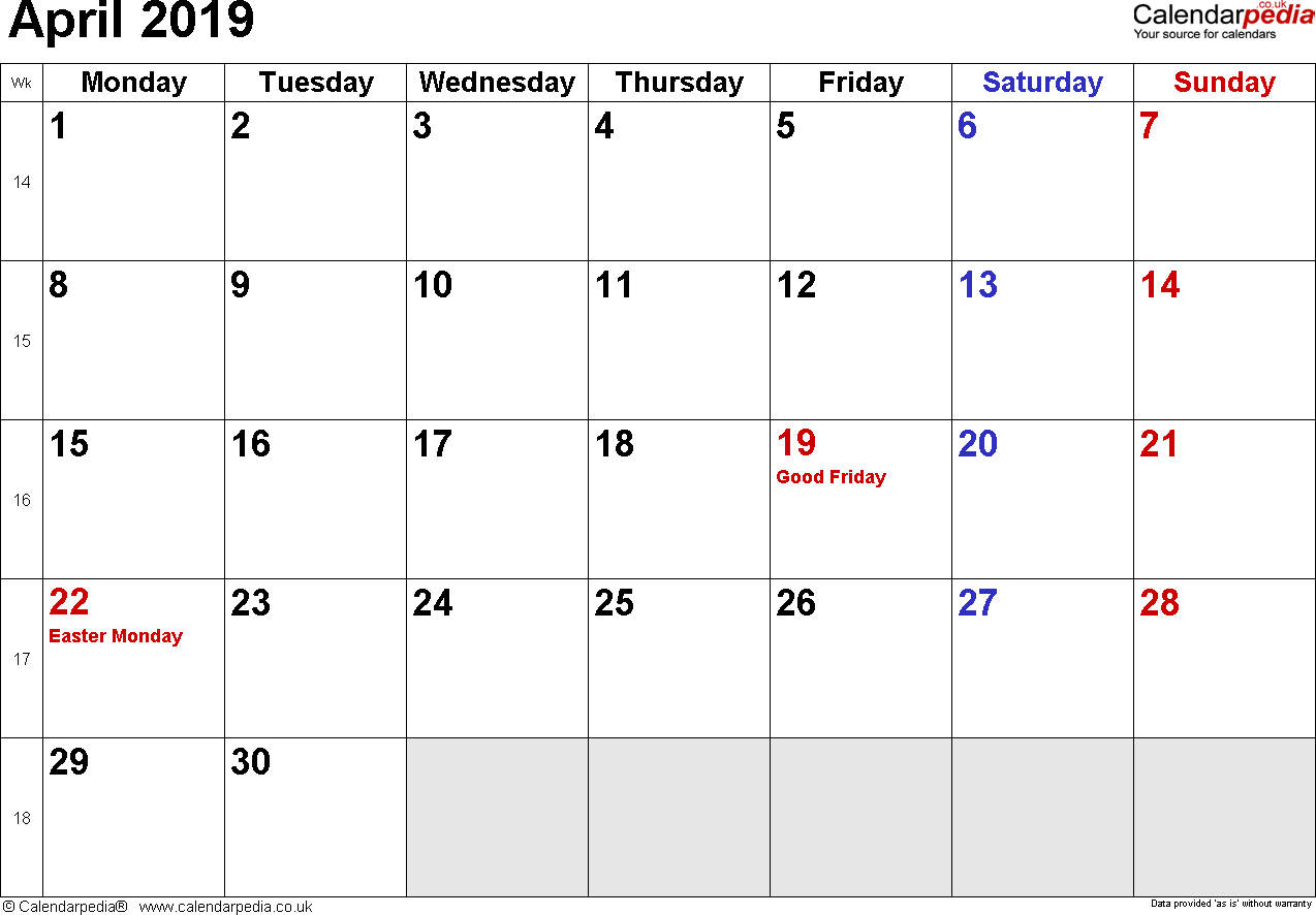 Printable April 2019 Calendar With Holidays
