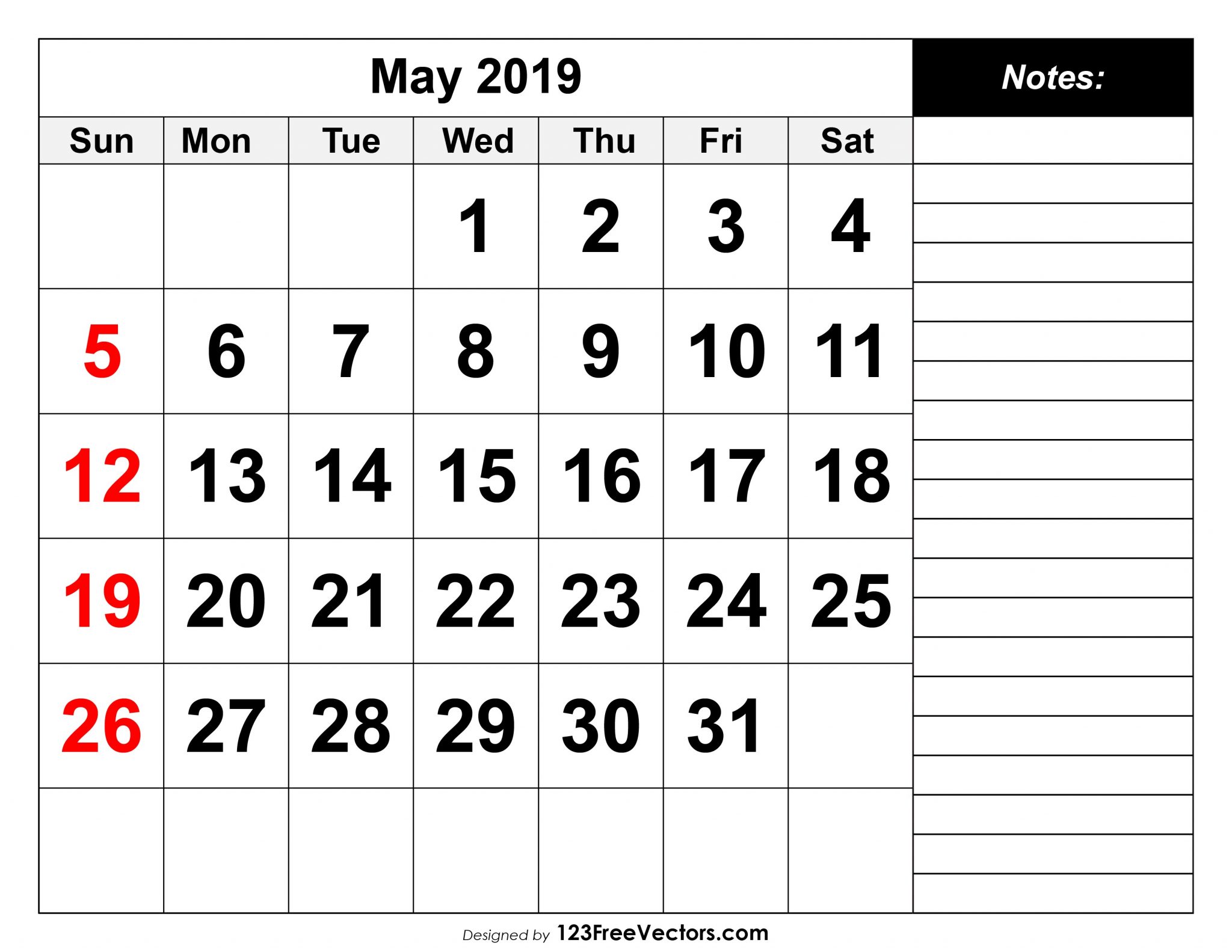Printable May 2019 Calendar With Notes