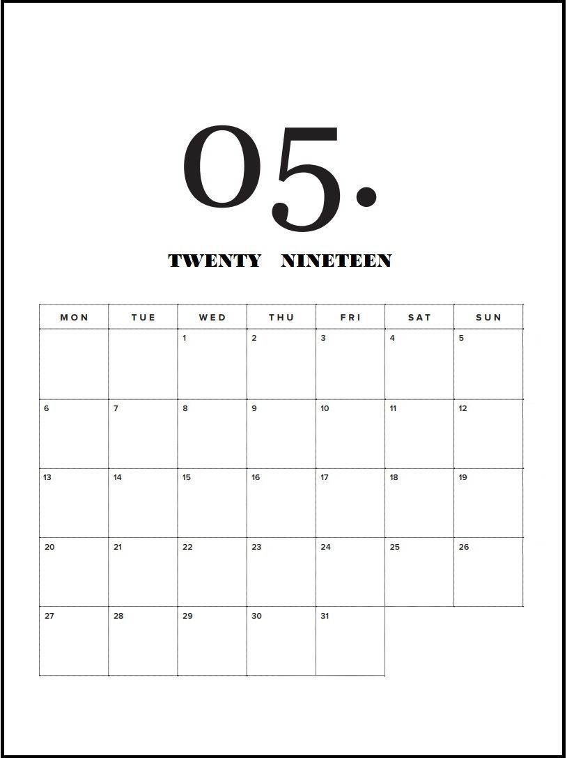 Printable Monthly Calendar May 2019