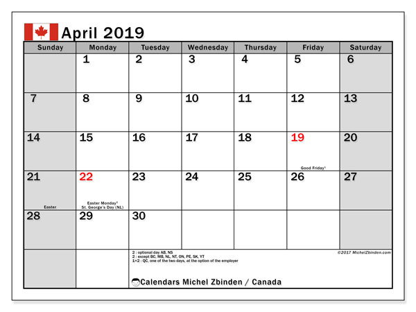 April 2019 Calendar Canada