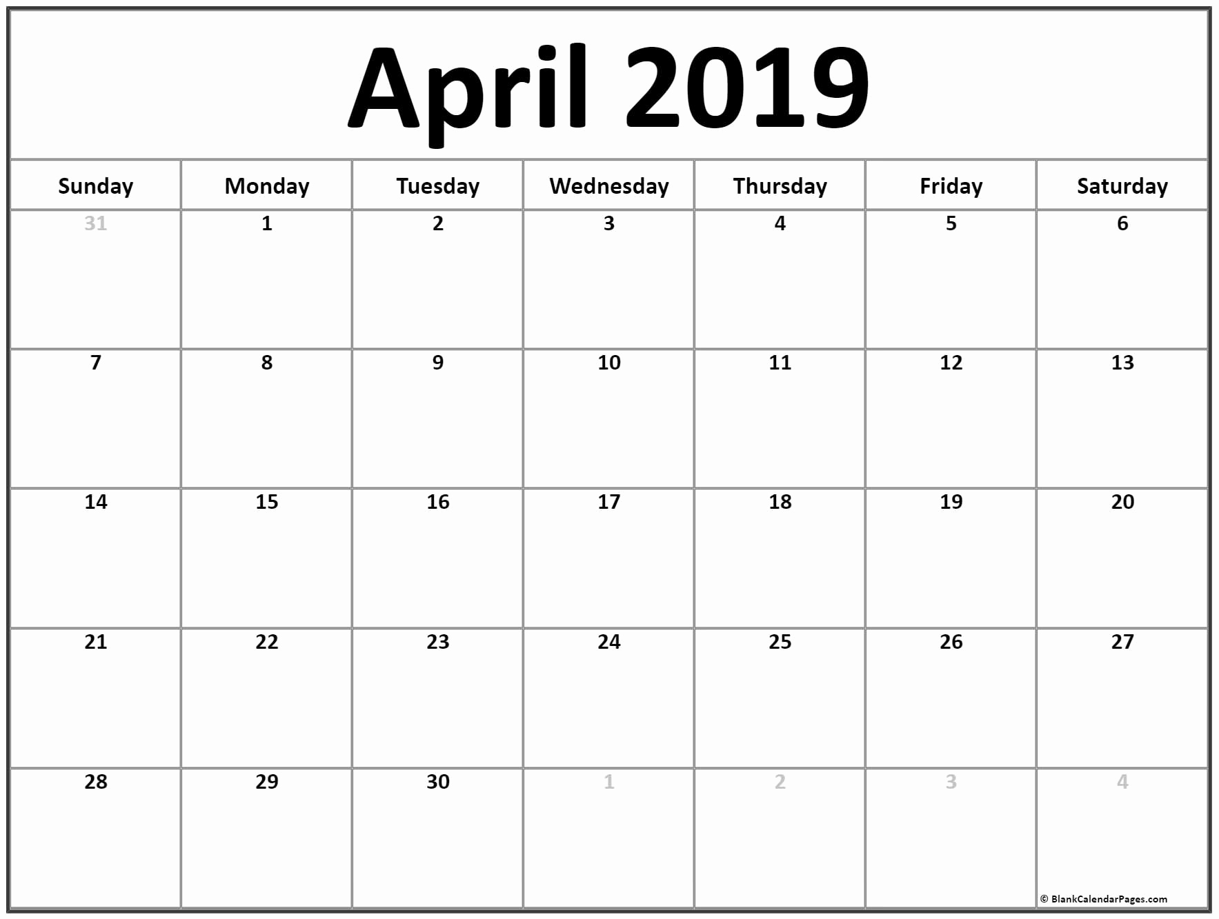 Monthly Printable Calendar April 2019 Blank Template With Holidays