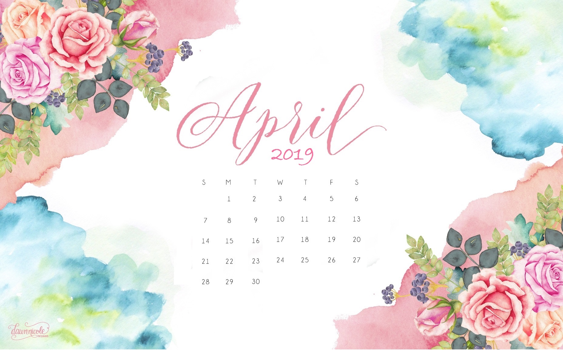 April 2019 Watercolor Horizontal Calendar