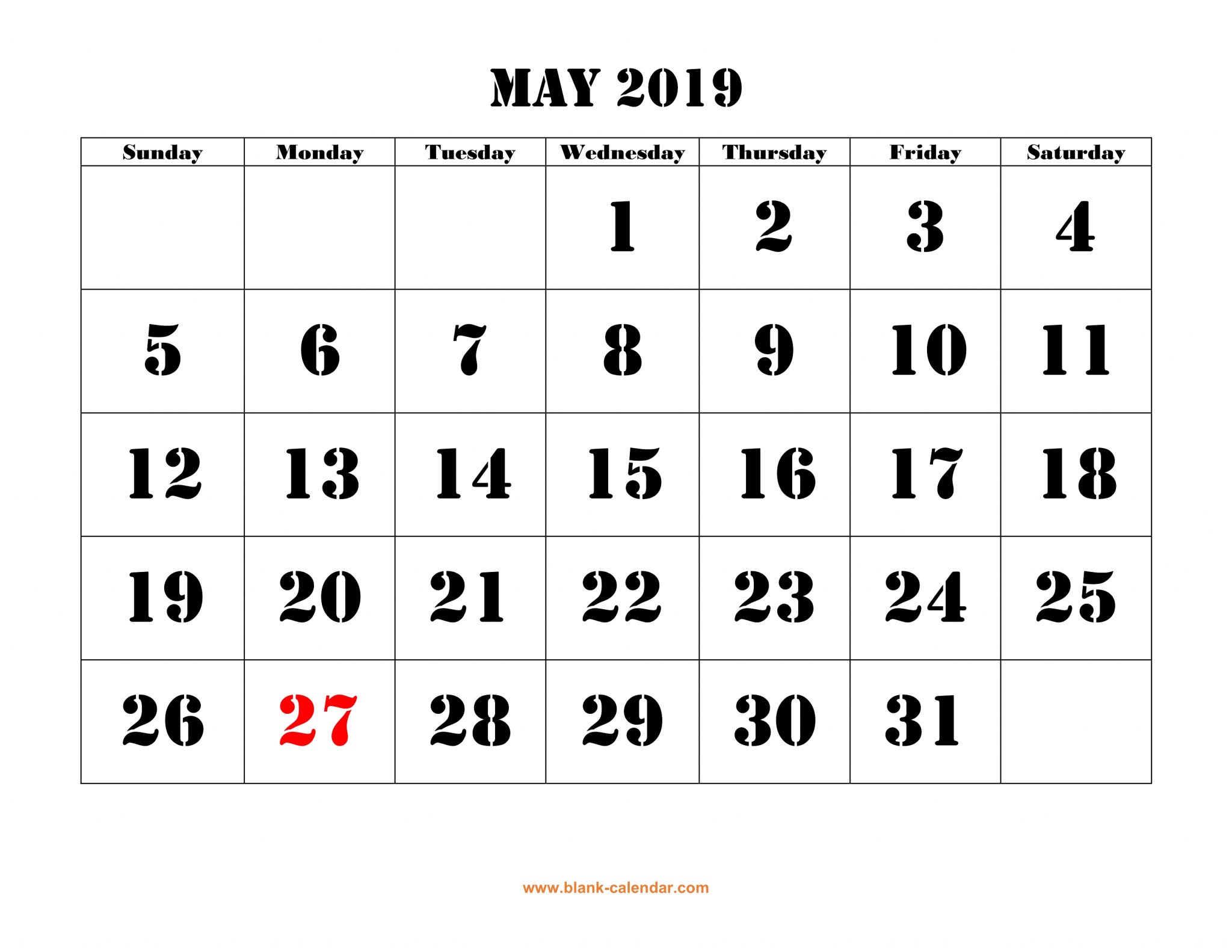 Blank Calendar For May 2019