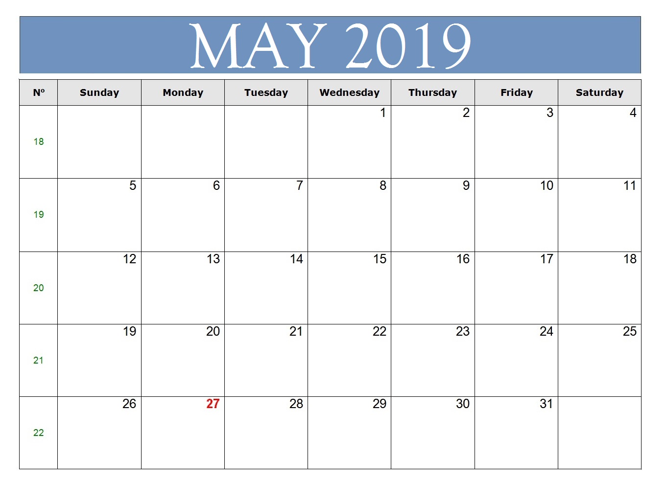 Blank May 2019 Excel Calendar