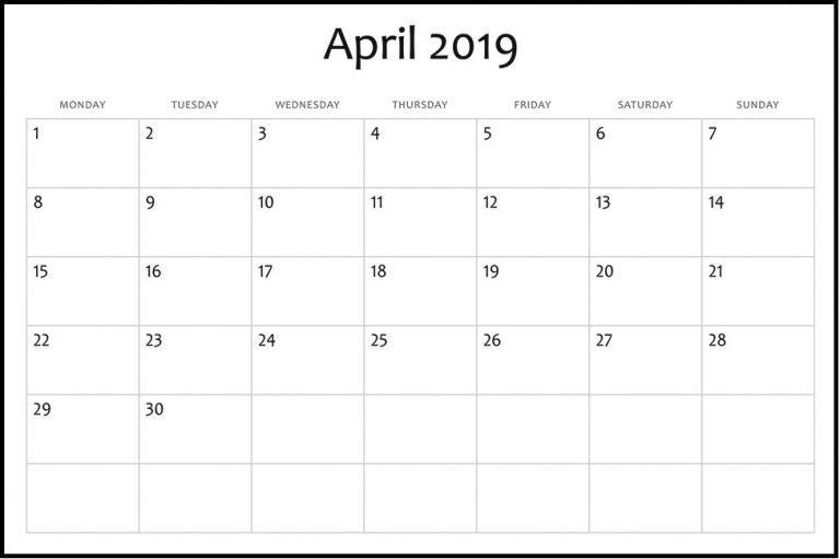 Monthly Printable Calendar April 2019 Blank Template With Holidays