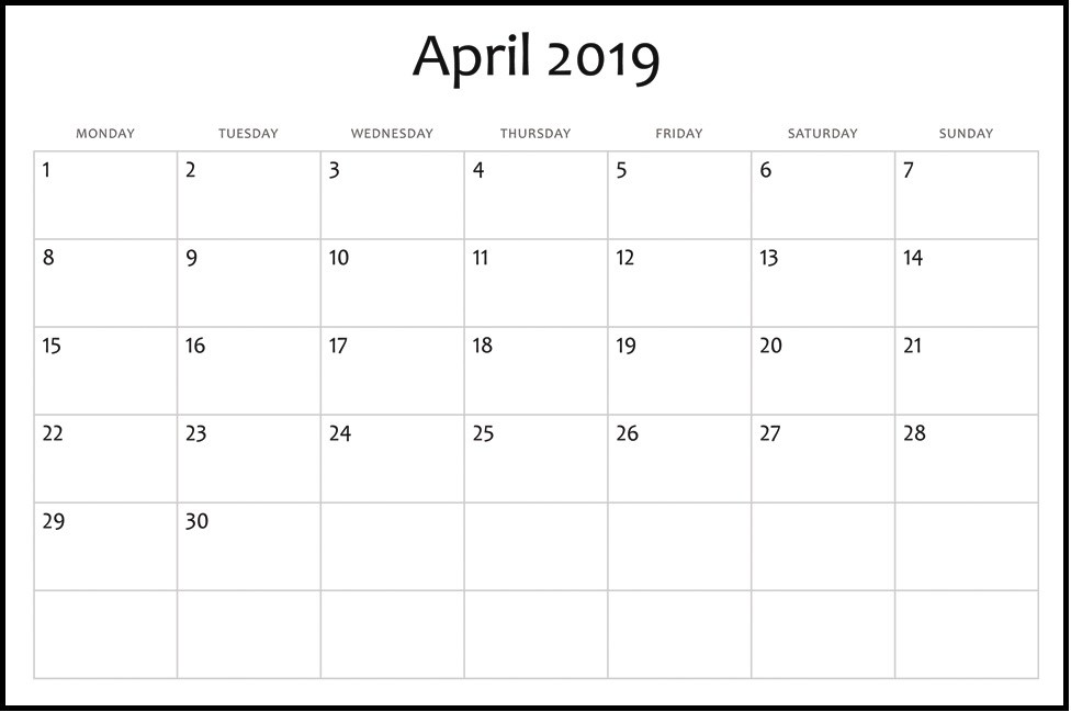 Blank Printable Calendar April 2019