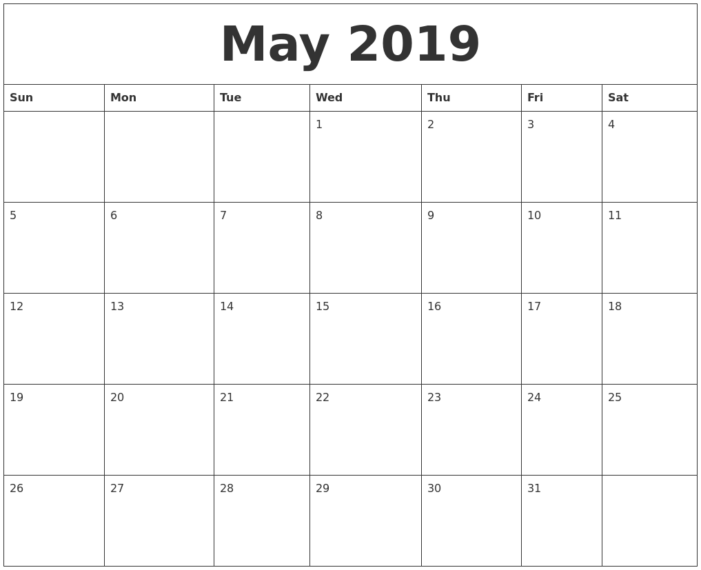 Calendar Of May 2019