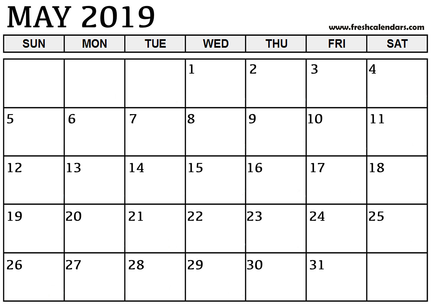 Calendar for May 2019 Printable
