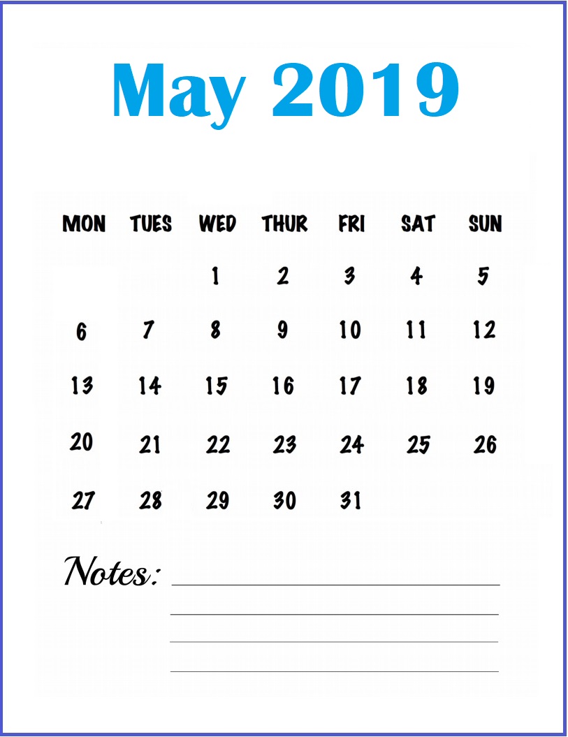 Calendar for May 2019 With Notes