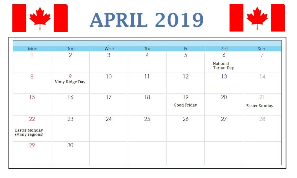 April 2019 Calendar Canada Printable With Holidays