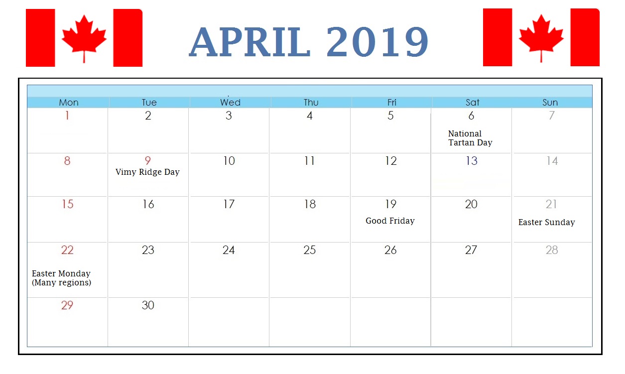 Canada April 2019 Calendar