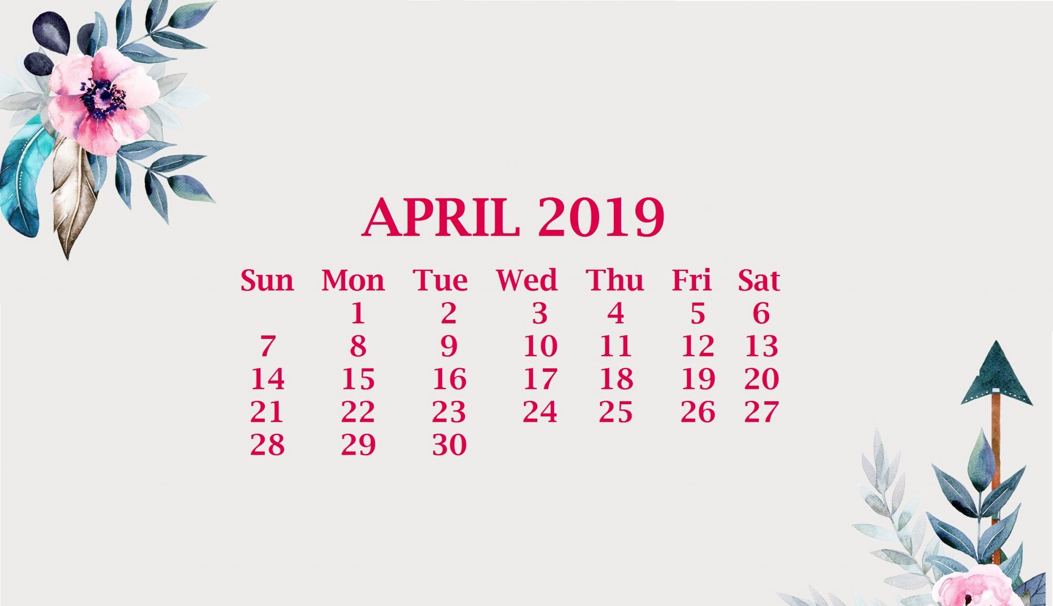 Cute Floral April 2019 Calendar