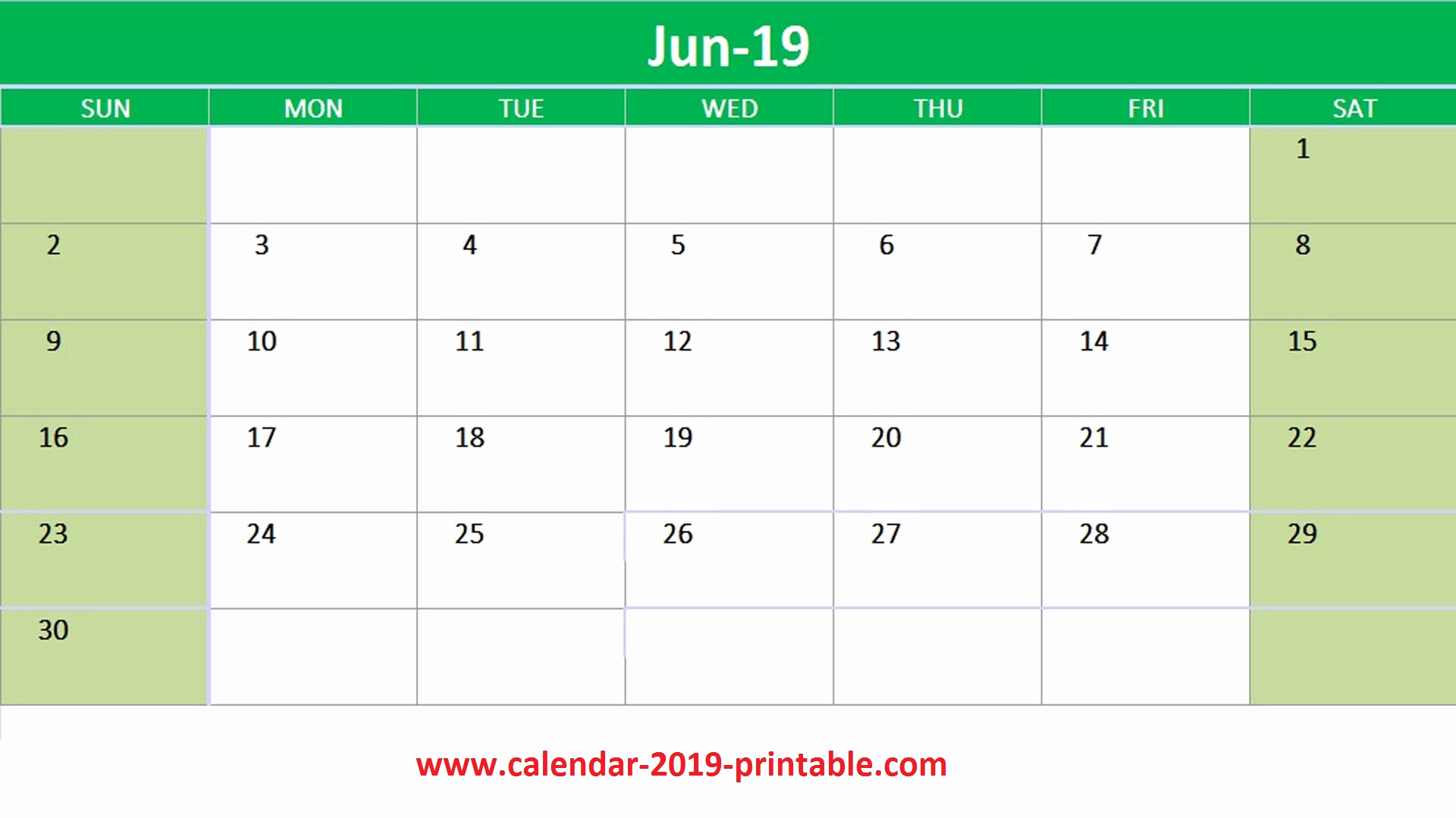 Editable June 2019 Calendar Excel