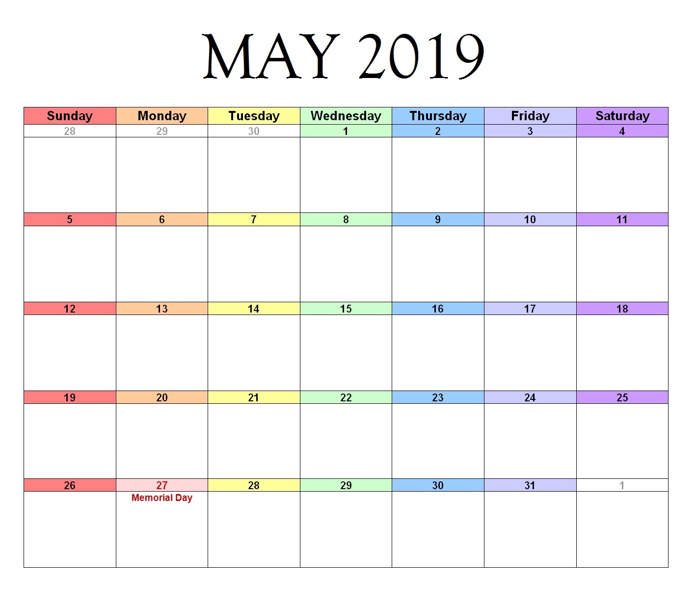 Excel May 2019 Calendar Landscape