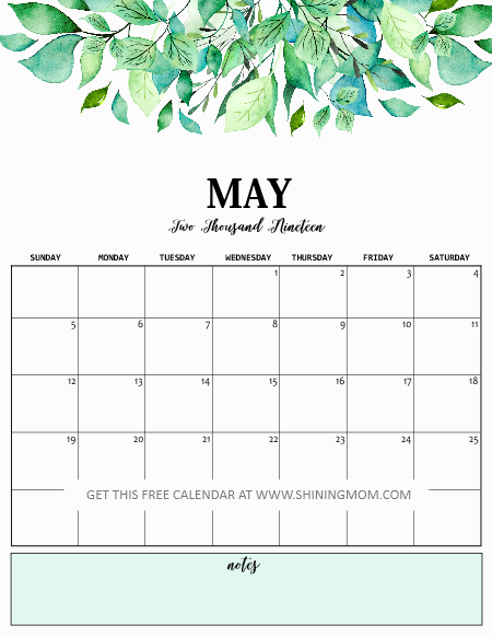 Floral Wall Calendar for May 2019