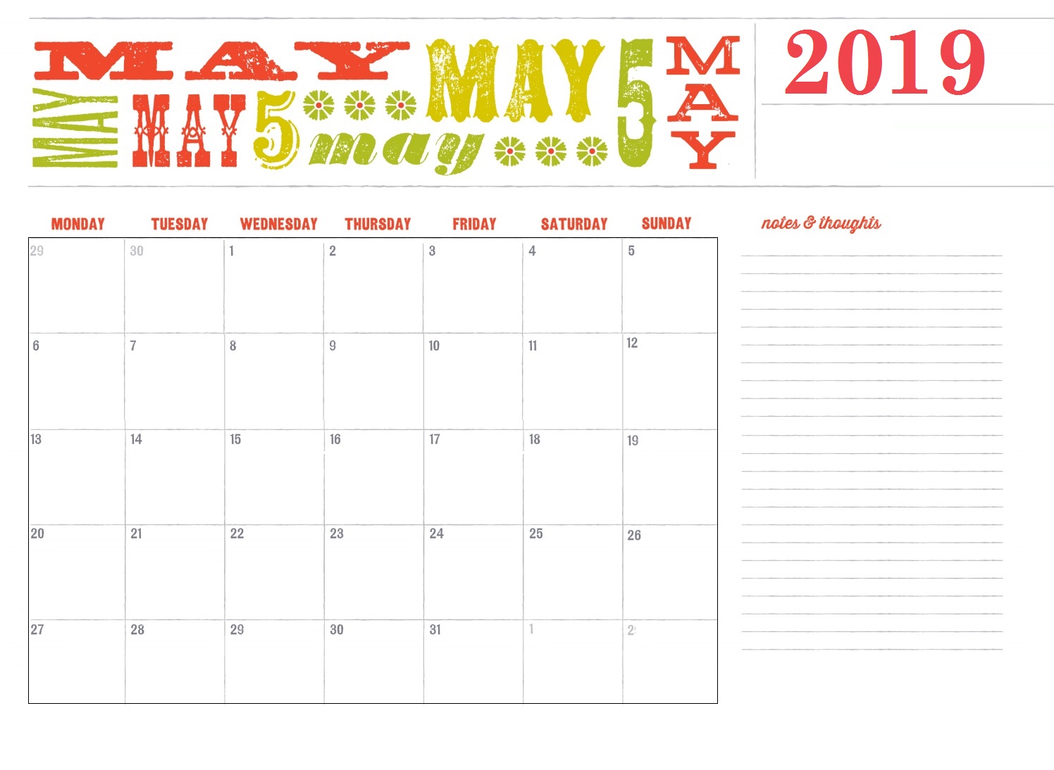 Free May 2019 Calendar Designs