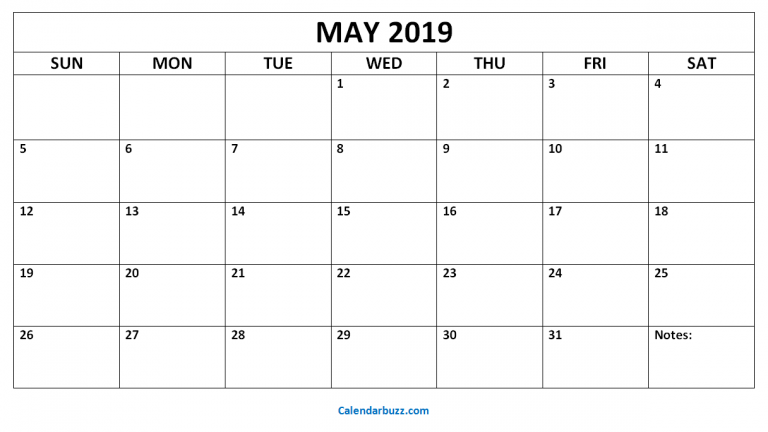 Fillable May 2019 Calendar Printable Notes Blank Template