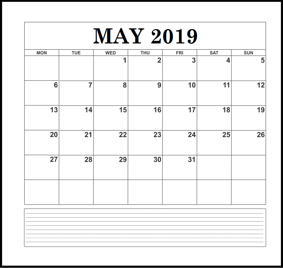 May 2019 Blank Template with Notes