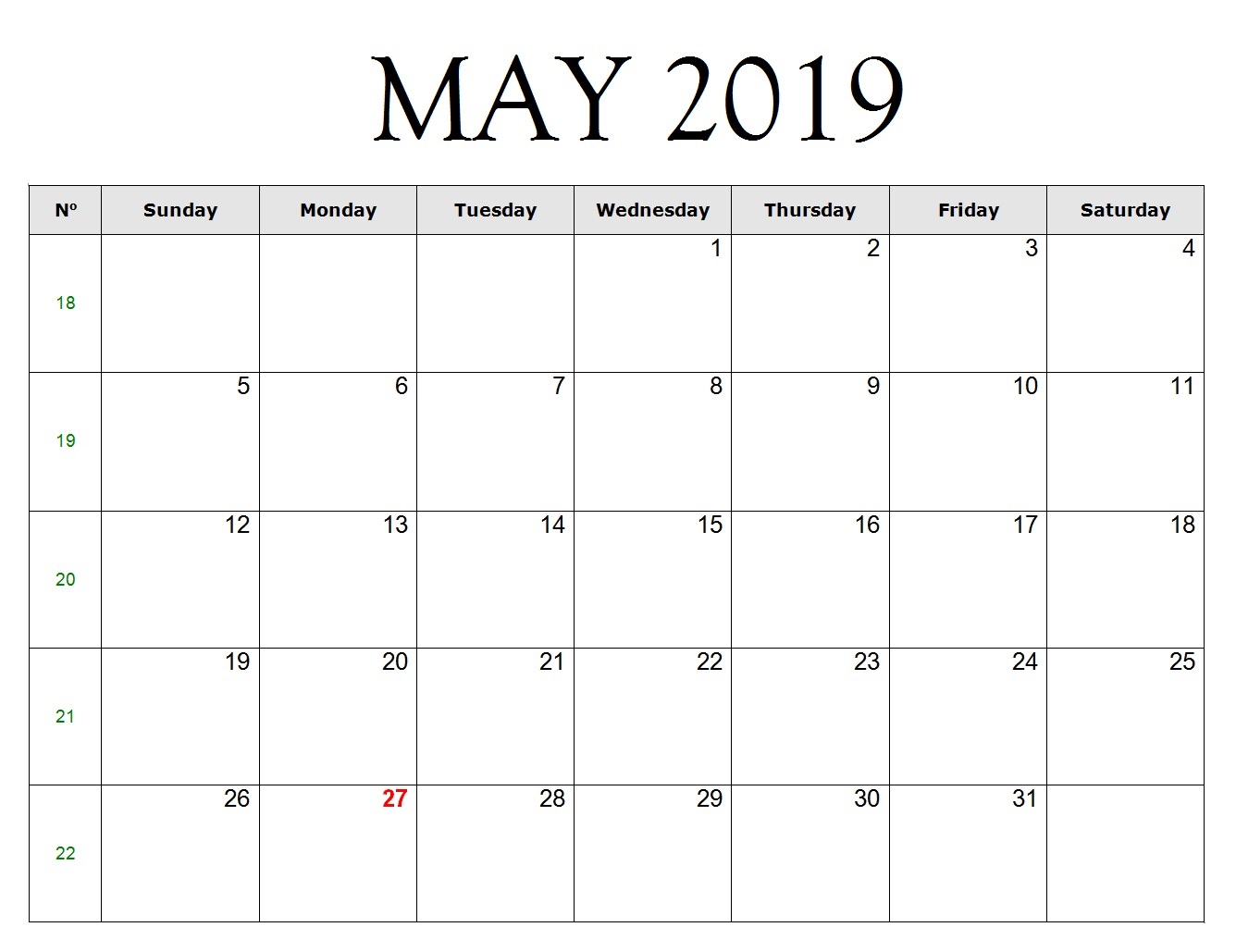 May 2019 Calendar Excel